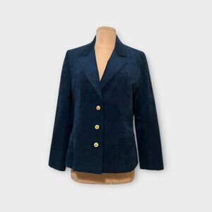 Vintage Faux Suede Blazer M Abe Schrader Blue Navy Gold Buttons Classic